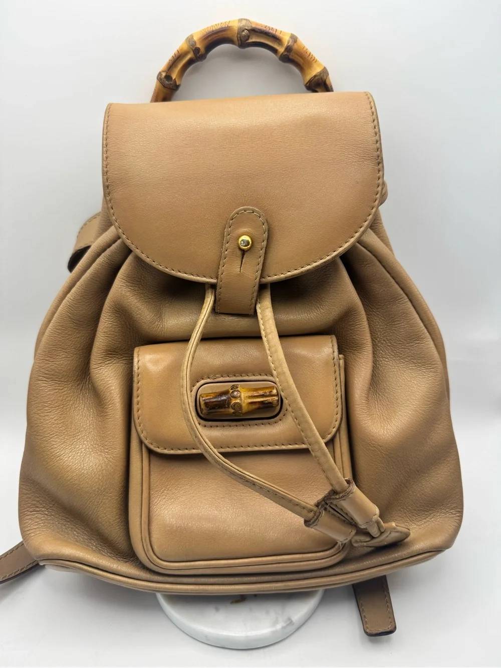 Gucci Tan Vintage Leather Backpack with Bamboo Handle